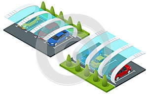 Isometric street roof of outdoor parking lot. Outdoor of parking garage with car and vacant parking lot in parking