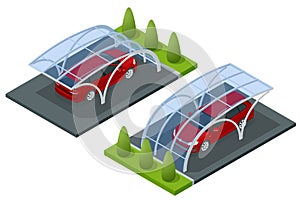 Isometric street roof of outdoor parking lot. Outdoor of parking garage with car and vacant parking lot in parking