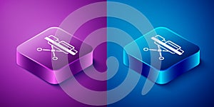 Isometric Stretcher icon isolated on blue and purple background. Patient hospital medical stretcher. Square button