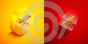 Isometric Stretcher icon isolated on orange and red background. Patient hospital medical stretcher. Circle button