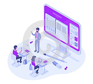 Isometric studying concept. Online education course, university e-learning, studying process, science or math education lesson 3d