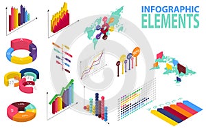 Isometric style infographics with data icons, world map charts and design elements.