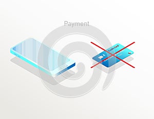Isometric style vector illustration background template with preferred mobile phone payment and no card payment