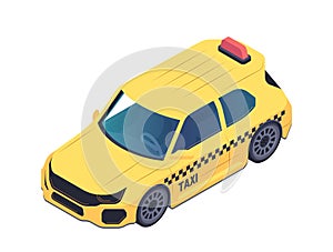 Isometric style Yellow taxi, depicting urban transportation. Vector illustration isolated on white