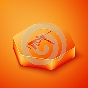 Isometric Submachine gun M3, Grease gun icon isolated on orange background. Orange hexagon button. Vector