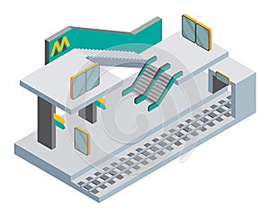 Isometric subway station concept. Platform, escalator and information stand. Empty waiting platform. Underground public