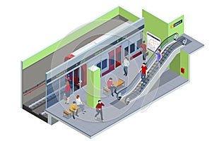 Isometric subway station platform. Included underground train, station. Subway station, railway rapid transit system