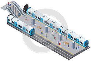 Isometric subway station platform. Included underground train, station. Subway station, railway rapid transit system