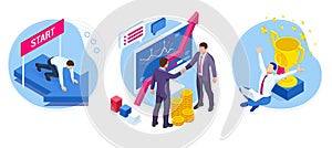 Isometric Successful business collaboration. B2B. Data and key performance indicators for business intelligence