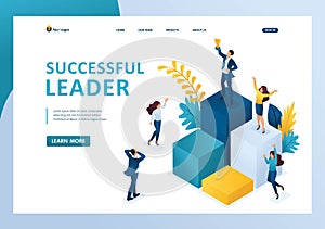 Isometric successful leader on the podium with a prize, the team enjoys success. Template landing page