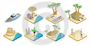 Isometric summer beach elements set