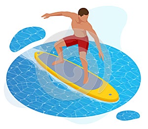 Isometric Summer Surfer. Surfer on Blue Ocean Wave Isolated on white background.