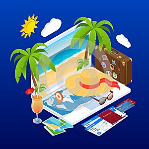 Isometric Summer Vacation concept. Online ticket booking. Internet e-commerce, travel and technology. People traveling