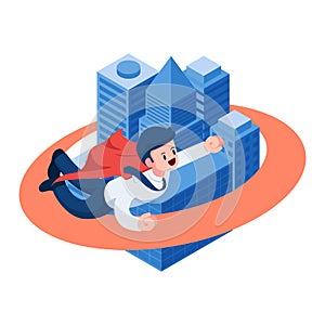 Isometric Super Businessman Flying Around Business Building
