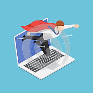 Isometric Super Businessman Flying Out From laptop Screen