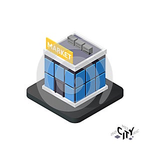 Isometric supermarket icon, building city infographic element, vector illustration