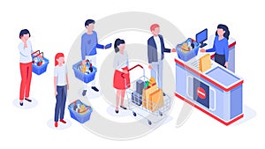 Isometric supermarket purchases. Buyers in line waiting, shoppers purchase and retail store cash register vector