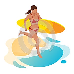 Isometric surfer female. Surfing on Summer Vacation. Beautiful young woman running on the beach, Water sports, Healthy