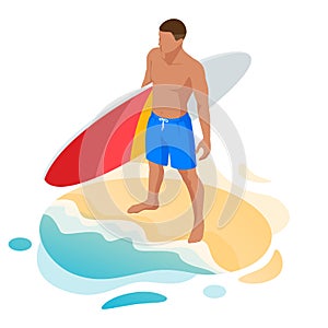 Isometric surfer male. Surfing on Summer Vacation. Beautiful young man at the beach, Water sports, Healthy Active