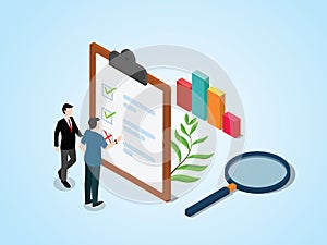 Isometric survey concept with people and checklist surveys on paper clipboard with laptop - vector