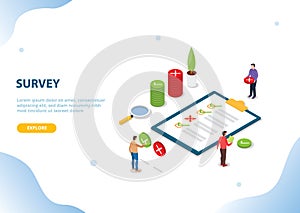 Isometric survey people on the clipboard with checklist and magnifying glass for website landing template banner - vector