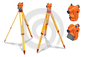 Isometric surveying measuring equipment level theodolite on tripod isolated on white background. Geodetic measuring