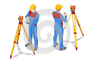 Isometric surveying measuring equipment level theodolite on tripod isolated on white background. Professional engineer