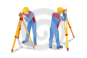 Isometric surveying measuring equipment level theodolite on tripod isolated on white background. Professional engineer