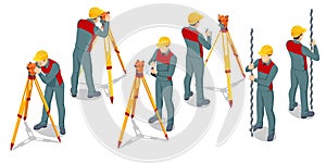 Isometric surveying measuring equipment level theodolite on tripod isolated on white background. Professional engineer