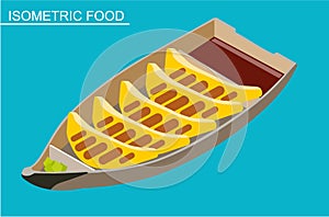Isometric sushi set. Japanese seafood vector. Flat illustration.