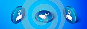 Isometric Swimmer athlete icon isolated on blue background. Blue circle button. Vector