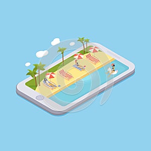 Isometric swimming pool with chaise lounges, parasol umbrellas, beach balls, palms, peoples.