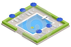 Isometric Swimming pool with stair and sun loungers. home swimming pool in garden and terrace. Summer Vacation Concept.