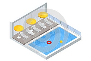 Isometric Swimming pool with stair and sun loungers. home swimming pool in garden and terrace. Summer Vacation Concept.