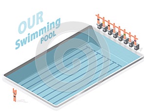 Isometric swimming pool with swimmers. Sportsmen on springboard prepare swim.