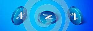 Isometric Swiss army knife icon isolated on blue background. Multi-tool, multipurpose penknife. Multifunctional tool