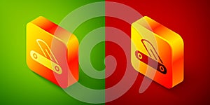 Isometric Swiss army knife icon isolated on green and red background. Multi-tool, multipurpose penknife. Multifunctional