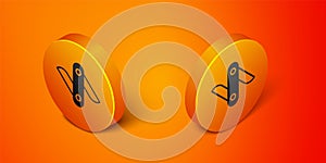 Isometric Swiss army knife icon isolated on orange background. Multi-tool, multipurpose penknife. Multifunctional tool