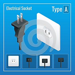 Isometric Switches and sockets set. Type A. AC power sockets realistic illustration.
