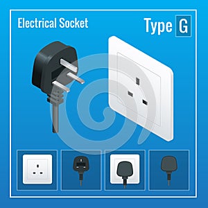 Isometric Switches and sockets set. Type G. AC power sockets realistic illustration.