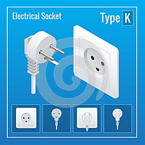 Isometric Switches and sockets set. Type K. AC power sockets realistic illustration
