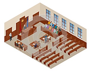 Isometric symbol of law and justice in the courtroom. Vector illustration judge bench defendant attorneys audience photo