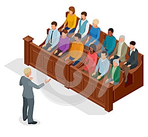 Isometric symbol of law and justice in the courtroom. Vector illustration judge bench defendant attorneys audience photo
