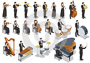 Isometric Symphony Orchestra. Set of orchestra group, creative people playing on instruments scene theater opera concert