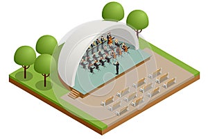 Isometric Symphony Orchestra. Symphonic string orchestra performing on stage and playing a classical music concert with