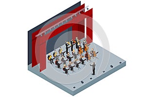 Isometric Symphony Orchestra. Symphonic string orchestra performing on stage and playing a classical music concert with