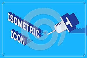 Isometric Syringe icon isolated on blue background. Syringe for vaccine, vaccination, injection, flu shot. Medical