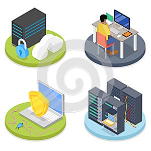 Isometric System Administrator. Server Room. Data Storage. Network Security