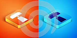 Isometric Table lamp icon isolated on orange and blue background. Desk lamp. Vector