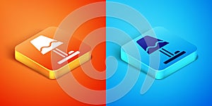 Isometric Table lamp icon isolated on orange and blue background. Vector